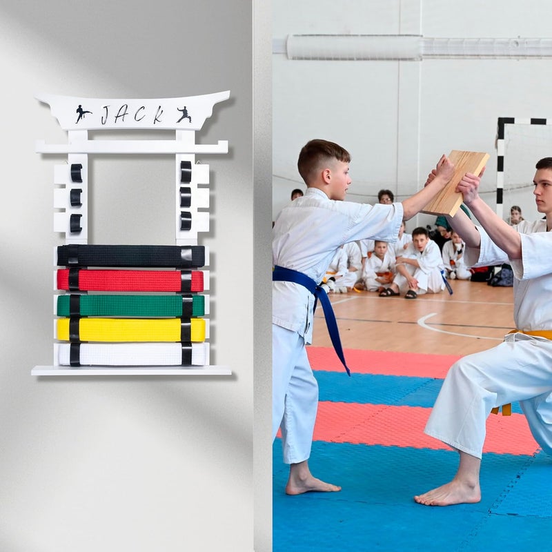 humberboat Wall Karate Belt Display Rack with Medal Hanger and Stickers, Martial Arts Belt Display Holder, 8 Belt Taekwondo Belt Belt Display Hanging Holder for Kids and Adults-Brown - Image 3